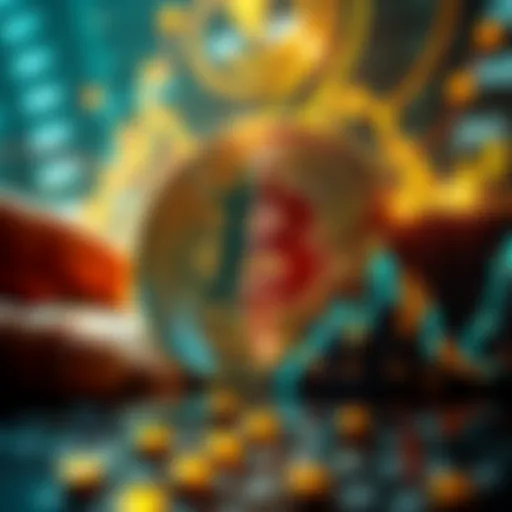 A visual representation of Bitcoin showing its original purpose as cash and its current status as a volatile asset, with contrasting images of cash transactions and stock market charts.