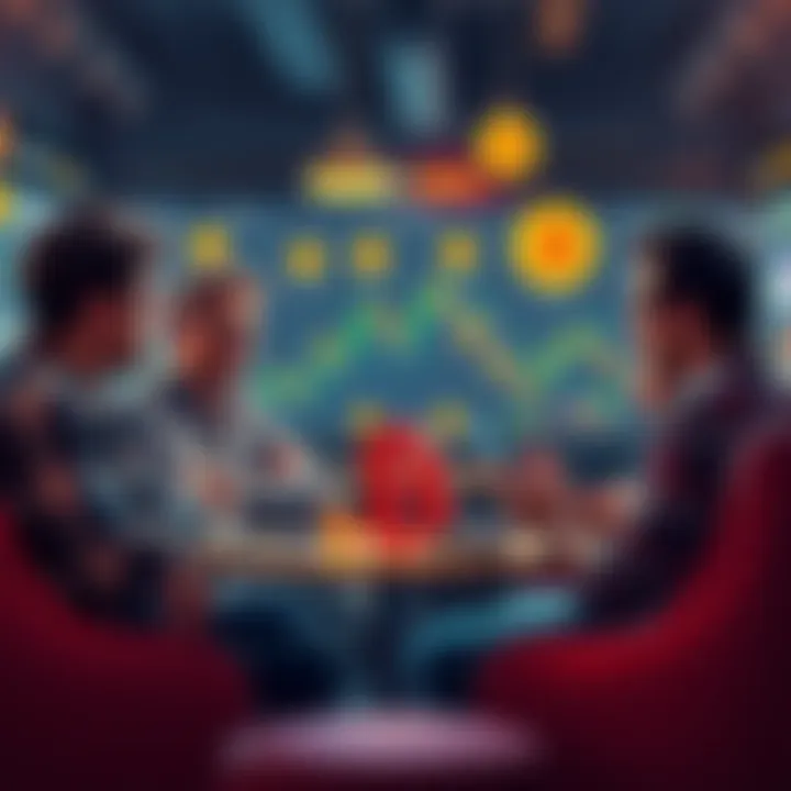 A group of Bitcoin enthusiasts discussing cryptocurrency trends in a casual setting, surrounded by charts and graphs.