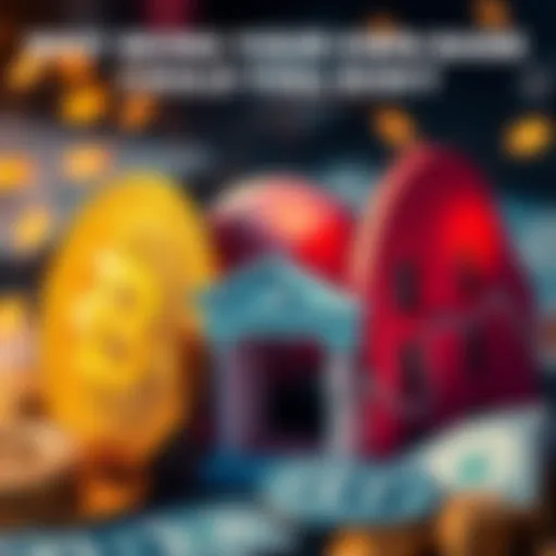 A graphic showing Bitcoin symbols alongside traditional banking elements like a bank building and dollar bills, illustrating the contrast between decentralized finance and regulated banks.