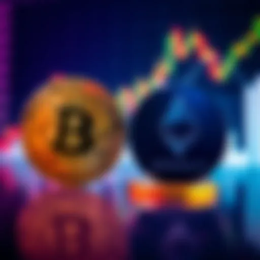 Bitcoin and Ethereum coins displayed in front of a financial chart showing trends and potential growth
