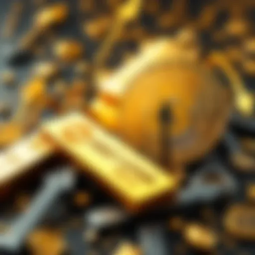 A visual comparison of Bitcoin and gold bars, highlighting Bitcoin's growth in value with upward arrows and gold in the background.