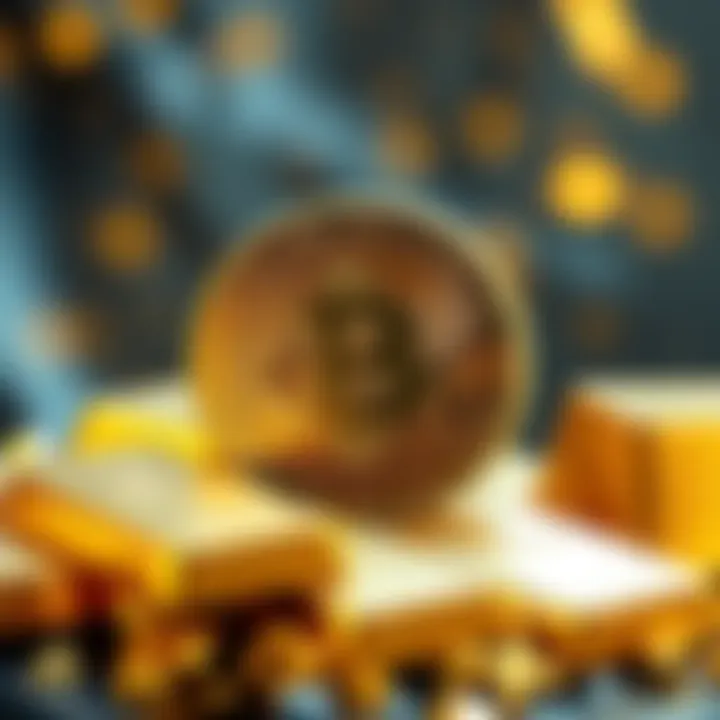 A split image showing Bitcoin coins on one side and gold bars on the other, symbolizing the competition between Bitcoin and gold for value.