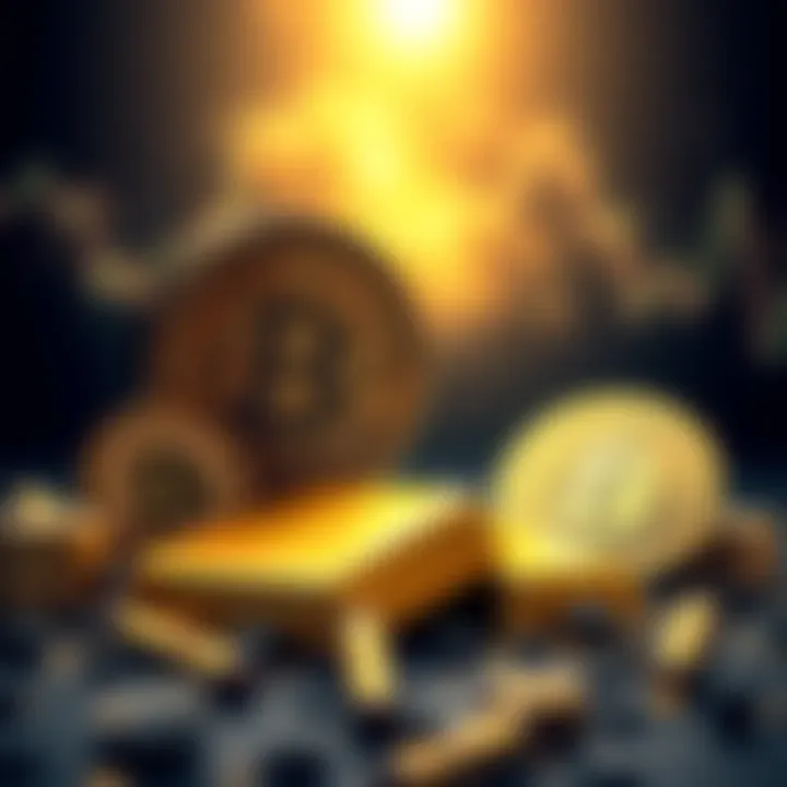 A comparison of Bitcoin and gold as investment options, featuring Bitcoin coins and gold bars side by side