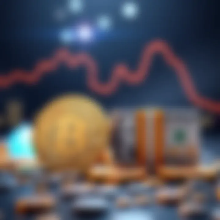 Illustration showing Bitcoin and traditional currency side by side, with energy consumption symbols in the background.