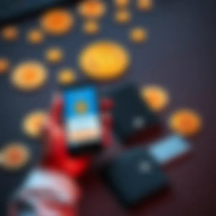 A person holding a smartphone showing the Coinbase app alongside a Ledger wallet on a table with Bitcoin symbols in the background