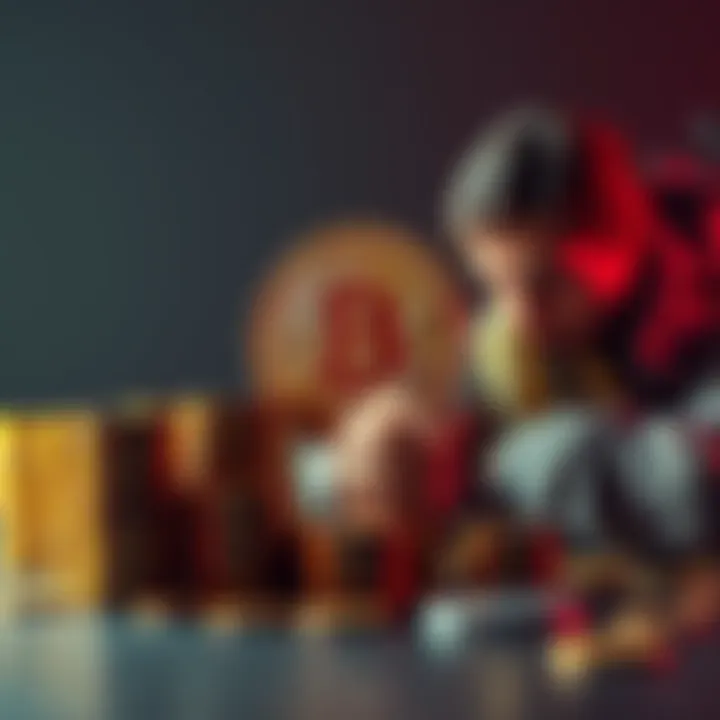 A visual representation of Bitcoin with stacks of coins beside a wealthy person and a struggling person, illustrating wealth disparity.