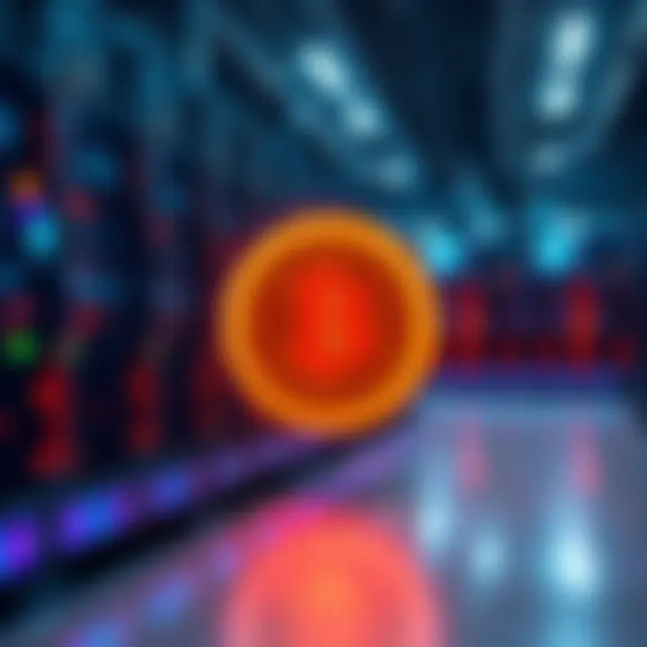 A futuristic representation of Bitfarm's shift from Bitcoin mining to AI, featuring computer servers and AI technology graphics.