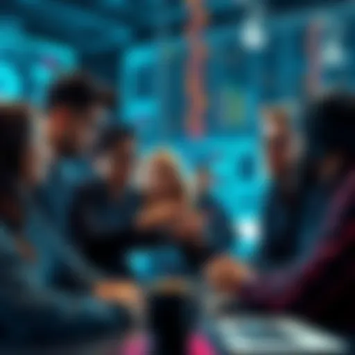 A group of diverse developers discussing blockchain technology and Ethereum Virtual Machine.