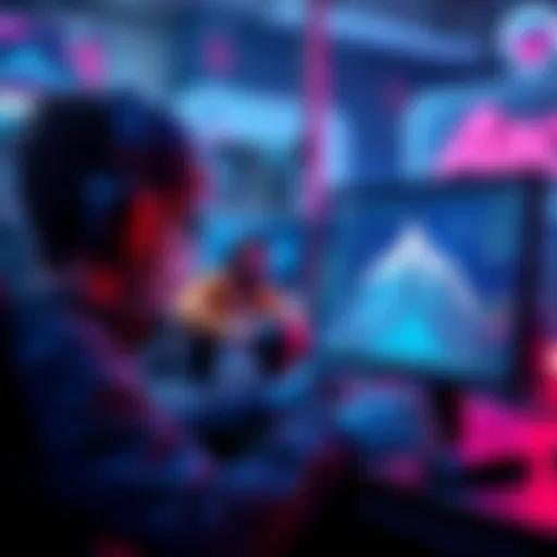 A gamer using a computer with blockchain graphics on the screen, showcasing Ethereum and Avalanche games, with visual elements representing low fees and decentralization.