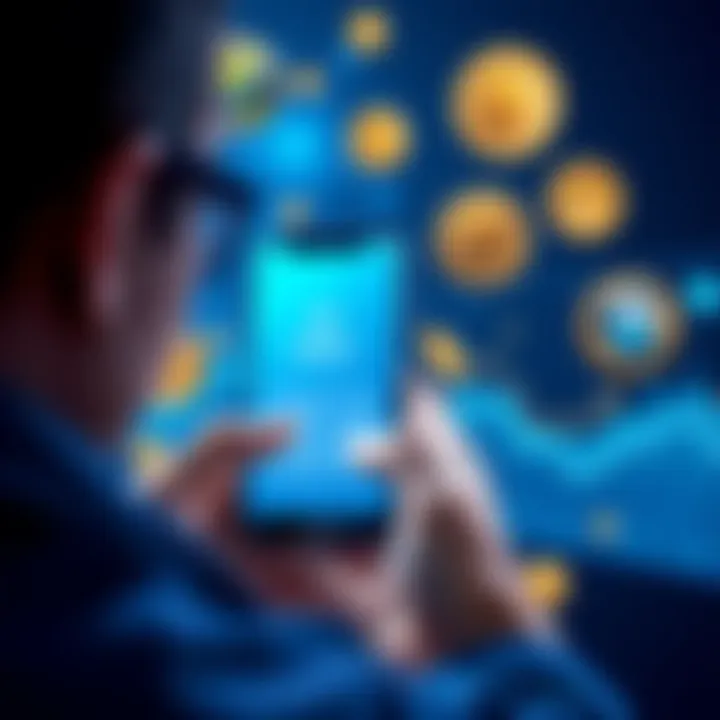 A person exploring the Blue Wallet app on a smartphone, surrounded by symbols of decentralized finance like coins and charts, indicating user-friendly features.