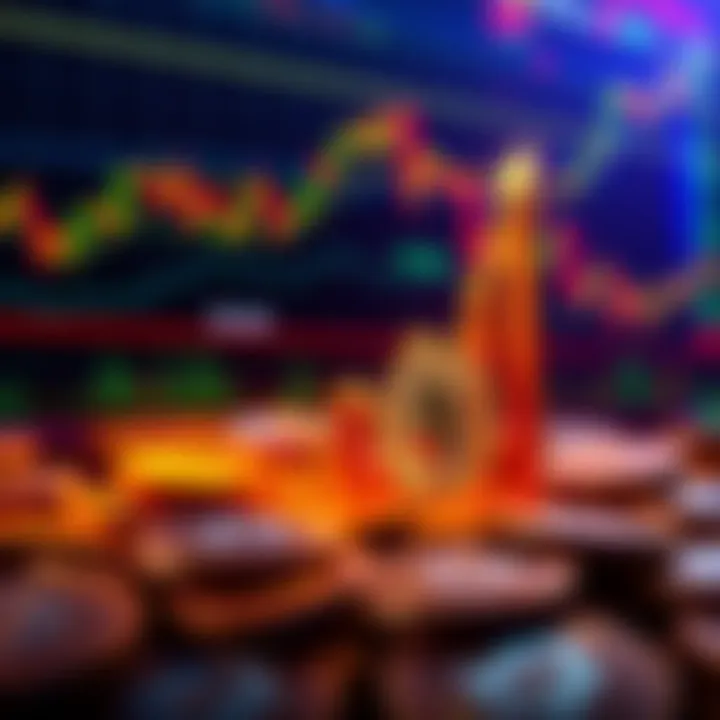 Graphic showing a rising graph representing BNB's price increase, with a background of digital coins and trading charts.