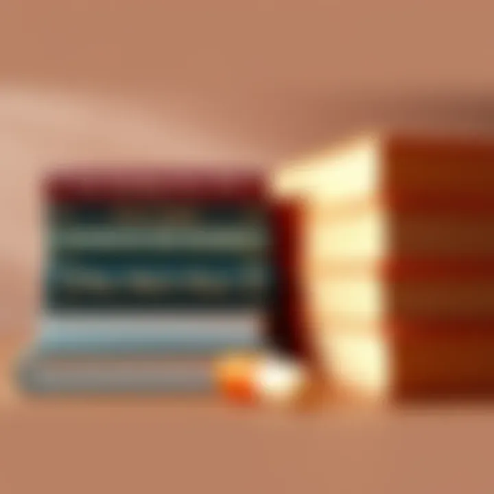 A stack of books next to an orange pill, symbolizing a reading journey after taking the orange pill.