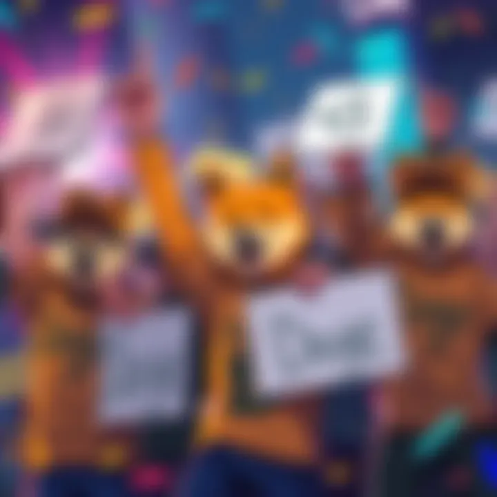 A group of boys cheer as Dogecoin price rises, holding signs and wearing Doge hats, showing excitement for the crypto milestone.