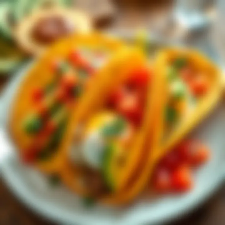 A colorful plate of breakfast tacos filled with eggs, avocado, and salsa, ready to be enjoyed in the morning