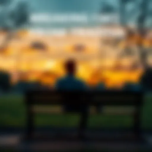 A person sitting on a bench in a park, looking thoughtfully at a sunset, symbolizing a new beginning away from trading.