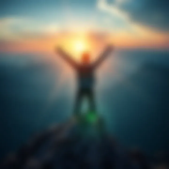 A person standing on a mountain peak, arms raised in triumph, symbolizing sudden success after gradual effort.