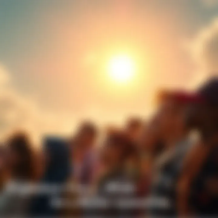 A group of diverse people gazing towards a sunny horizon, representing hope and aspirations for a better tomorrow.