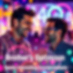 A man smiling and talking animatedly with his brother, both surrounded by colorful graphics representing positivity and conversation, symbolizing engaging discussions.