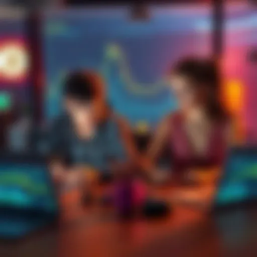 A brother and sister sitting at a table with laptops, analyzing cryptocurrency trends and charts, looking concerned yet determined.