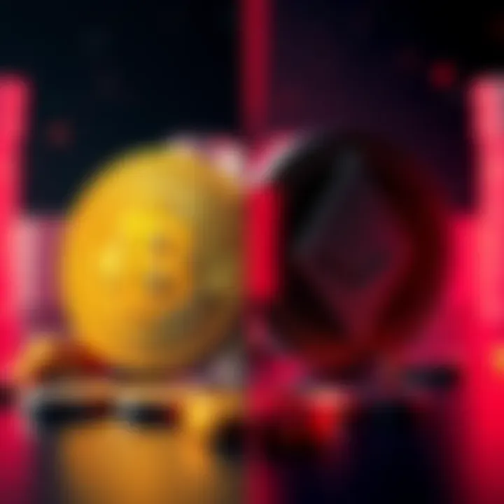 A visual representation showing Bitcoin logo on one side and Monero logo on the other, with contrasting themes of gambling and values in cryptocurrency.