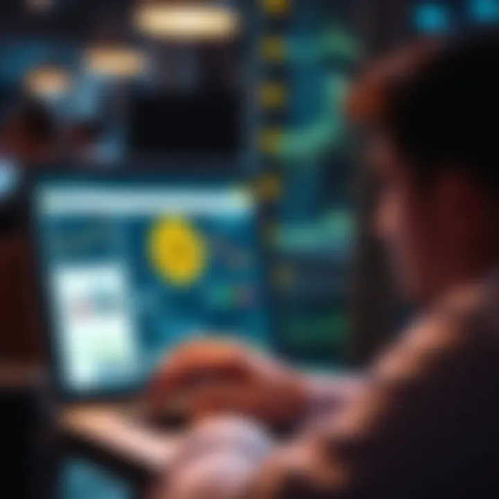 Individual focused on a laptop screen displaying Bitcoin news articles and charts