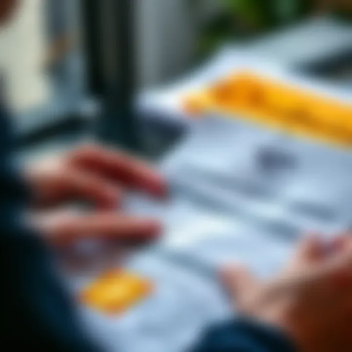 A person looks over tax papers with Bitcoin logos, illustrating the process of reporting cryptocurrency refunds to the IRS.