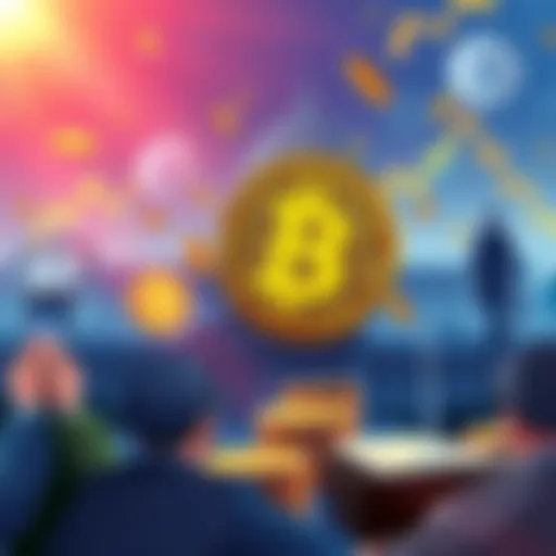 A conceptual illustration of Bitcoin owners selling directly to government officials for BSR T-Bills, featuring currency exchange symbols and government buildings in the background.