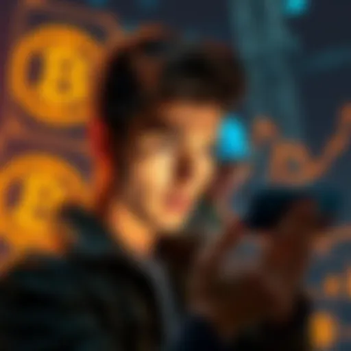 A visual of a person looking frustrated while checking a BTC transaction on a phone, with symbols showing transaction delay in the background.