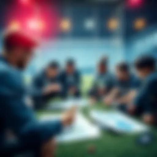 A group of people discussing strategies to build a competitive soccer team on a budget, with charts and notes spread out.