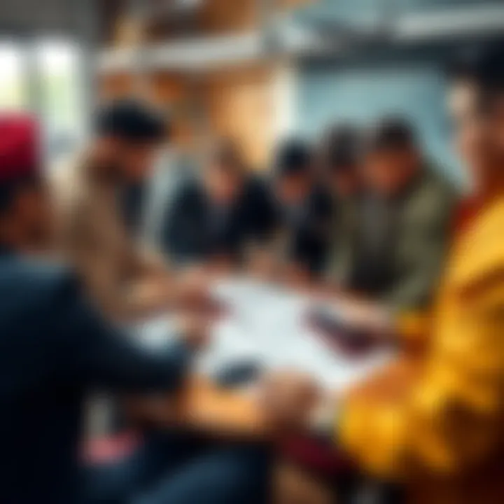 A diverse group of people brainstorming ideas for a smartphone miner project, with phones and technical drawings on a table