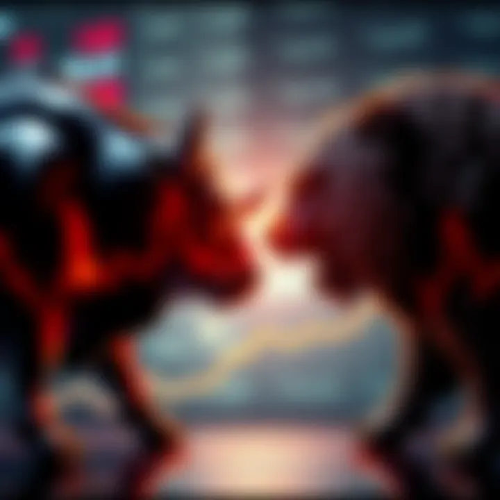 A graphic showing a bull and a bear facing each other, symbolizing market trends, with a rising trend line behind them.
