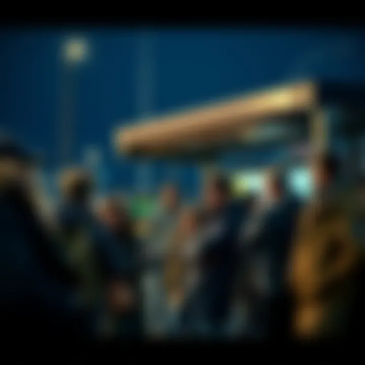 A group of people waiting at a bus stop, looking frustrated as they check their watches, symbolizing missed opportunities and time passing by.