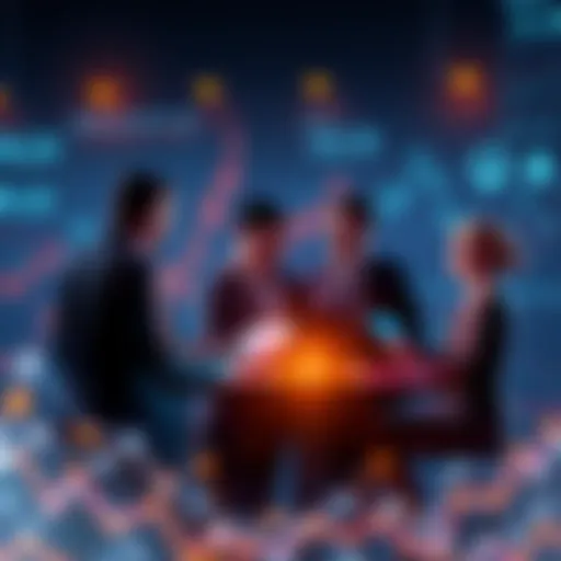 A group of business professionals discussing blockchain technology with charts and graphs in the background