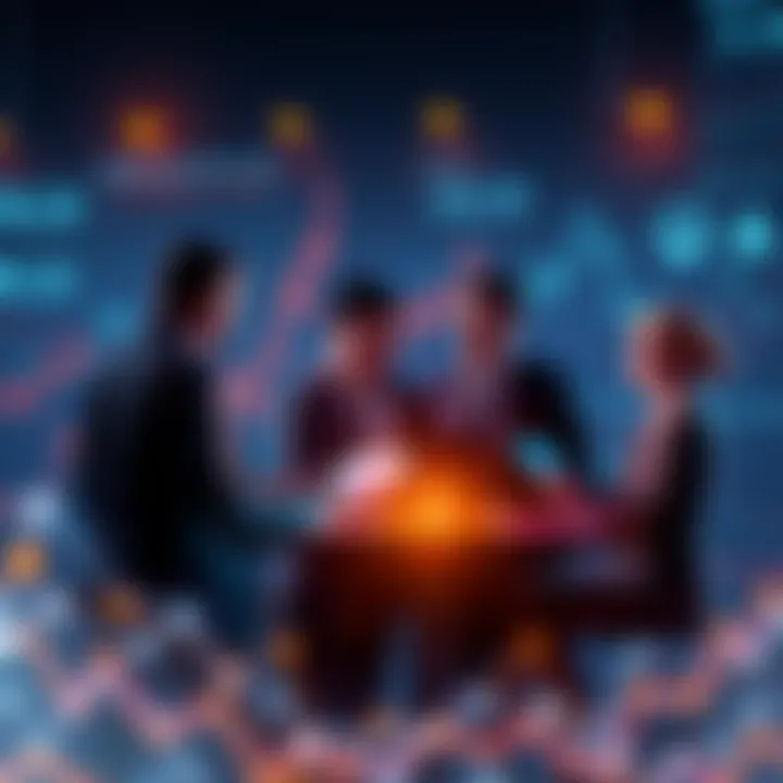 A group of business professionals discussing blockchain technology with charts and graphs in the background