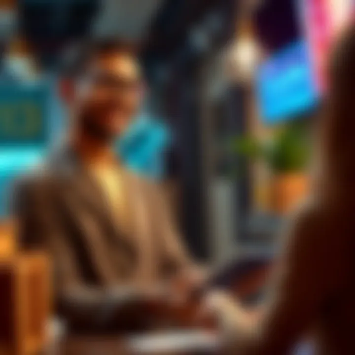 A business owner smiling while using a tablet to accept Kaspa payments from a customer