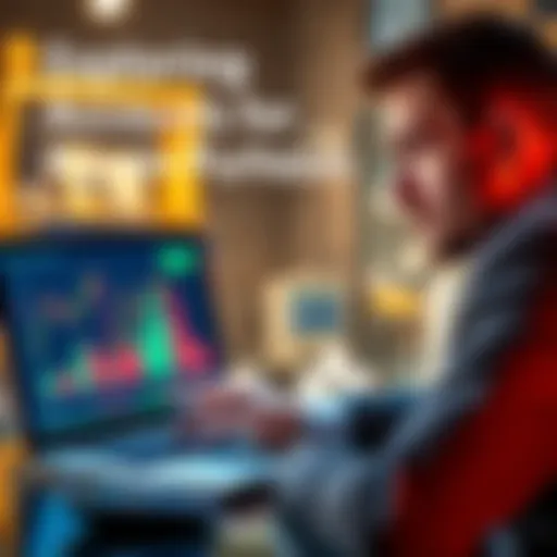 A businessman analyzing a Bitcoin price chart on his laptop with a calculator nearby, considering investment options.