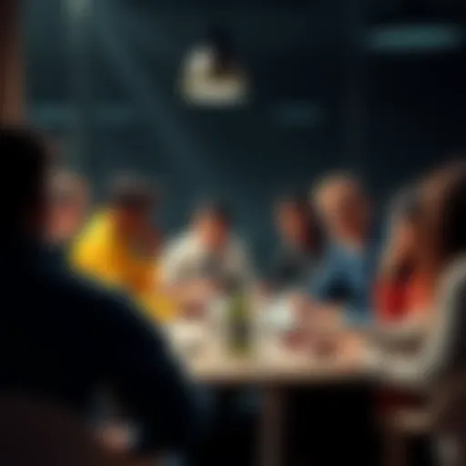 A diverse group of individuals gathered around a table, engaging in conversation about cryptocurrency and shared beliefs.