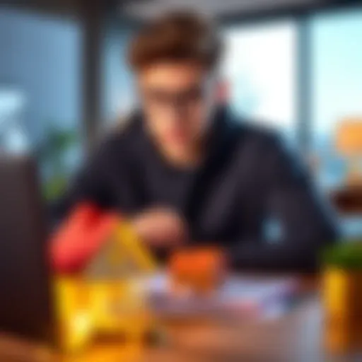 A 20-year-old reviewing cryptocurrency options for home buying, with a laptop, house model, and coins visible on the table.