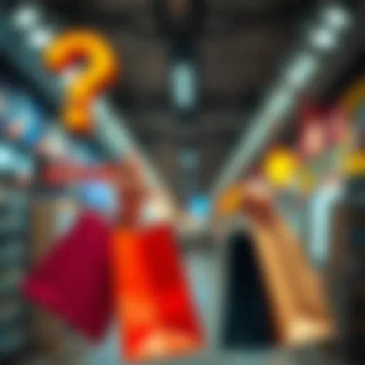 A person weighing options with shopping bags in one hand and a question mark above their head, symbolizing the choice to buy now or wait for a price drop.