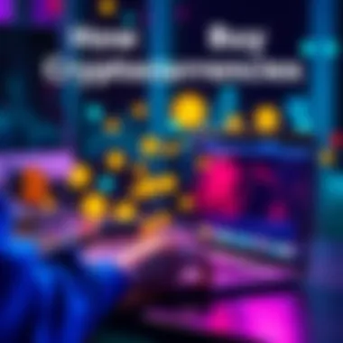 A person using a laptop to buy cryptocurrencies on a popular platform, with digital currency symbols around the screen