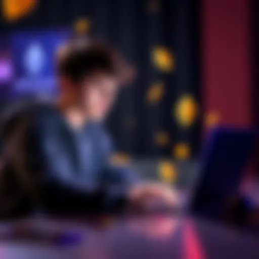 A teenager using a laptop to buy Ethereum online, with cryptocurrency symbols around, showing a sense of urgency and excitement.