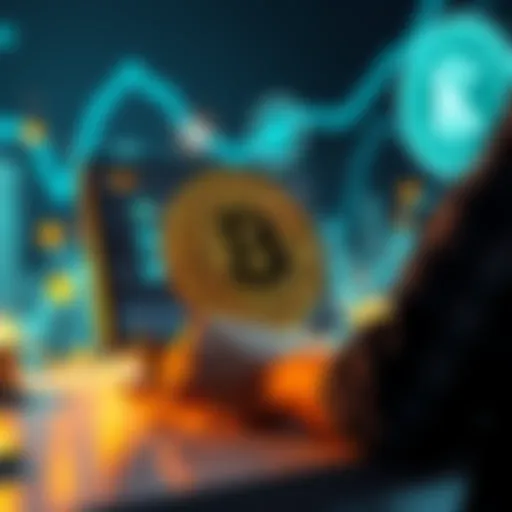 A person using a computer to buy Kaspa coin on Uniswap, with cryptocurrency symbols in the background