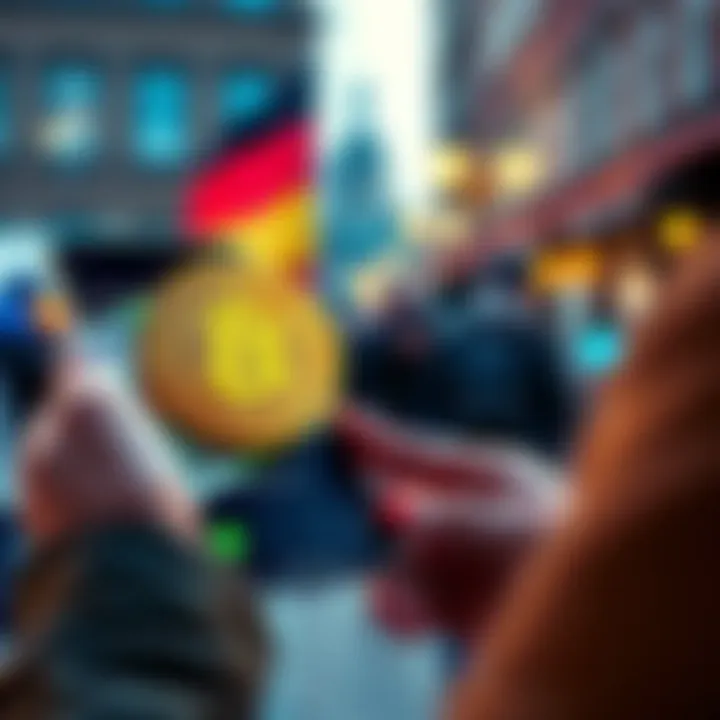 A person purchasing Bitcoin with euros on a smartphone in Germany, with a digital wallet graphic in the background