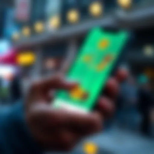 A person using a smartphone to buy Bitcoin on Robinhood's app, showing cryptocurrency icons on the screen.