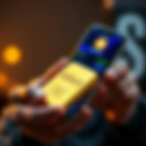 A person holding a gold bar and a smartphone displaying a cryptocurrency wallet, symbolizing the purchase of gold using digital currency.