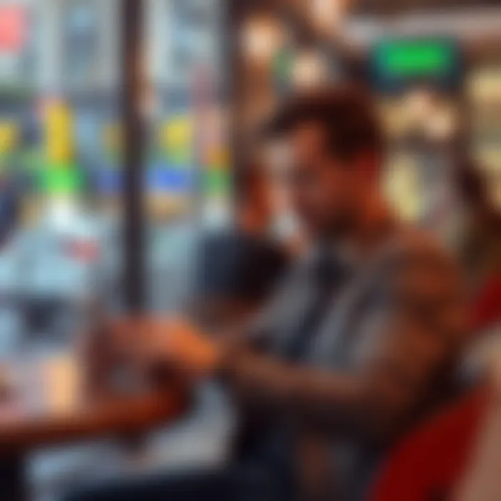 A person using a smartphone to buy Kaspa while sitting at a cafe in Australia