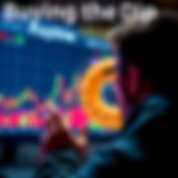 A person looking at a cryptocurrency chart showing a dip in prices, with a donut graphic overlay symbolizing strategy.