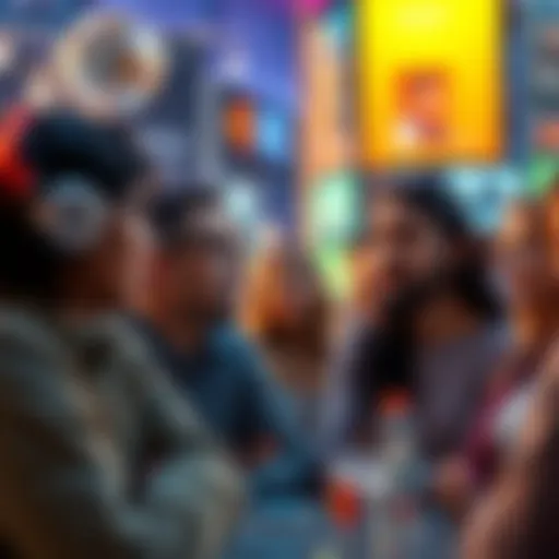 A group of people discussing the future of the Buzz phenomenon in a lively setting, showing a mix of skepticism and curiosity.