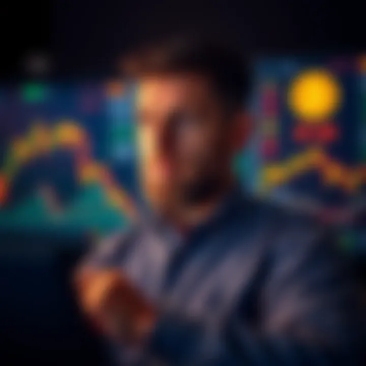 A seasoned Bitcoin investor looking at price charts calmly, surrounded by charts showing market fluctuations, reflecting a steadfast attitude toward investments.