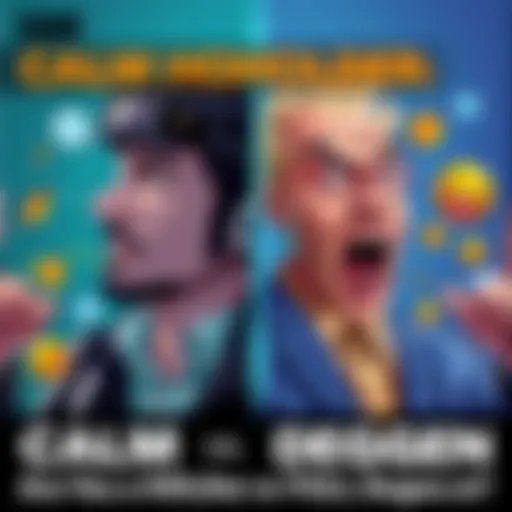 A split image showing a calm HODLer with a relaxed expression on one side and a full degen enthusiast with an excited expression on the other, both surrounded by trading symbols and emojis.